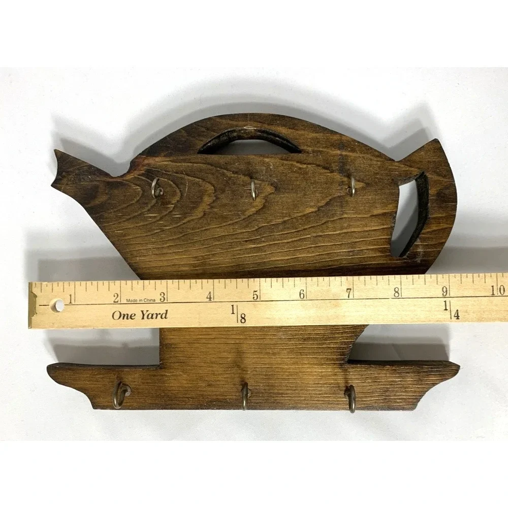 Wood Teapot Shaped Hanging‎ Key Holder Hooks Wall Decor Cottagecore Tea Vintage